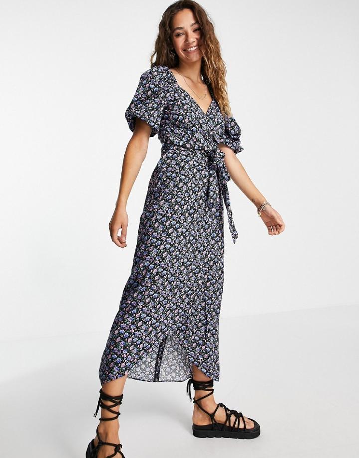 Topshop Wrap Midi Dress In Ditsy Floral Print-multi