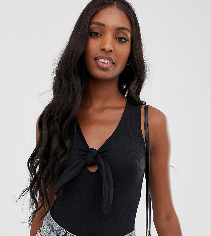 Brave Soul Tall Ribbed Tie Front Body In Black - Black