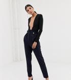 Asos Design Tall Tapered Pants With Pleat And Military Buttons - Navy