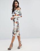 Asos Long Sleeve Bardot Floral Bodycon Dress - Multi