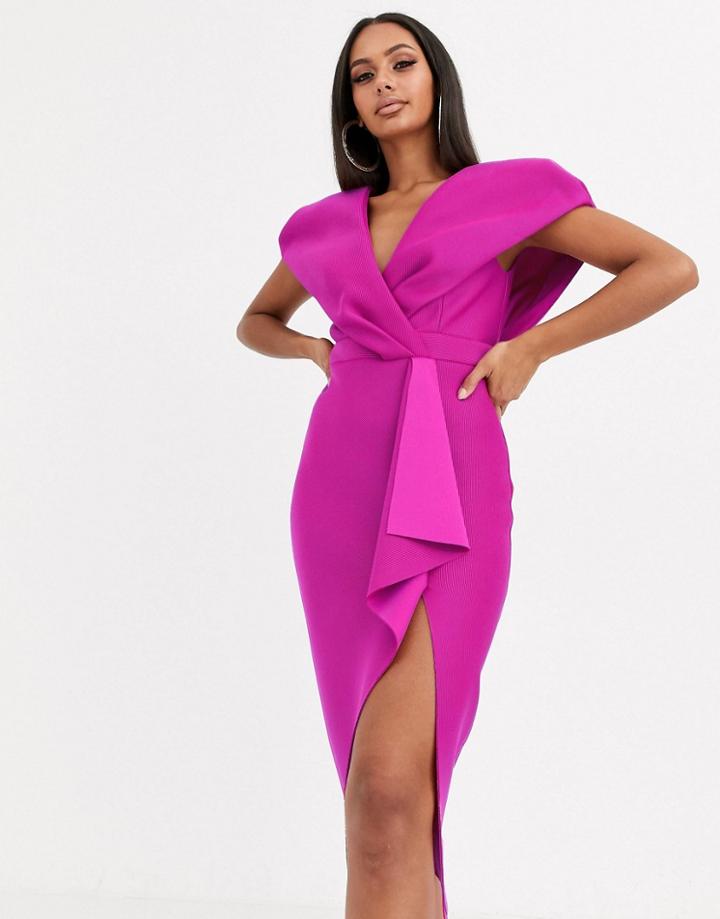 Asos Design Self Stripe Cape Sleeve Midi Pencil Dress-blue