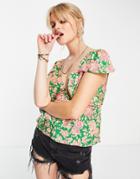 Topshop Vintage Style Floral Jacquard Cap Sleeve Tea Top In Pink And Green