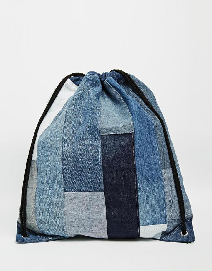 Milk It Denim Patchwork Drawstring Backpack - Blue