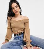 Parisian Tall Shirred Crossover Wrap Crop Top In Taupe-neutral
