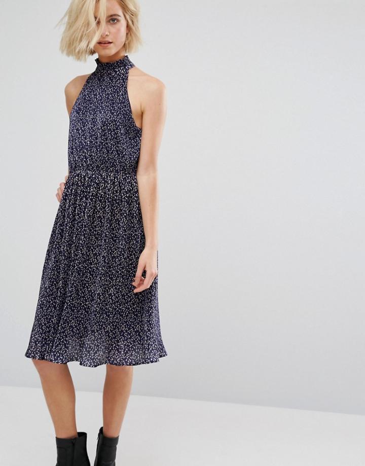 J.o.a High Neck Midi Dress In Plisse Floral - Multi