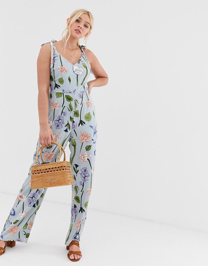 Qed London Tie Shoulder Jumpsuit In Blue Floral - Blue