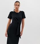 Missguided Ribbed Midi Dress With Tie Front In Black - Black