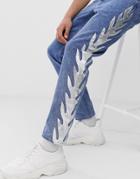 Asos Design Slim Jeans With Metallic Flame Stripe In Mid Wash Blue - Blue