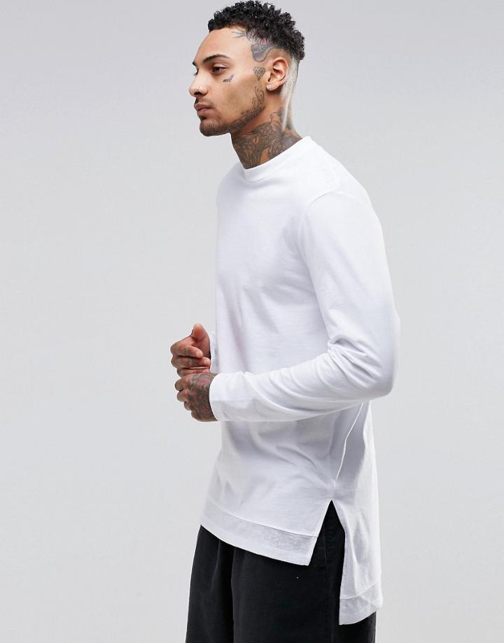 Asos Super Longline Long Sleeve T-shirt With Knitted Hem Panel - White