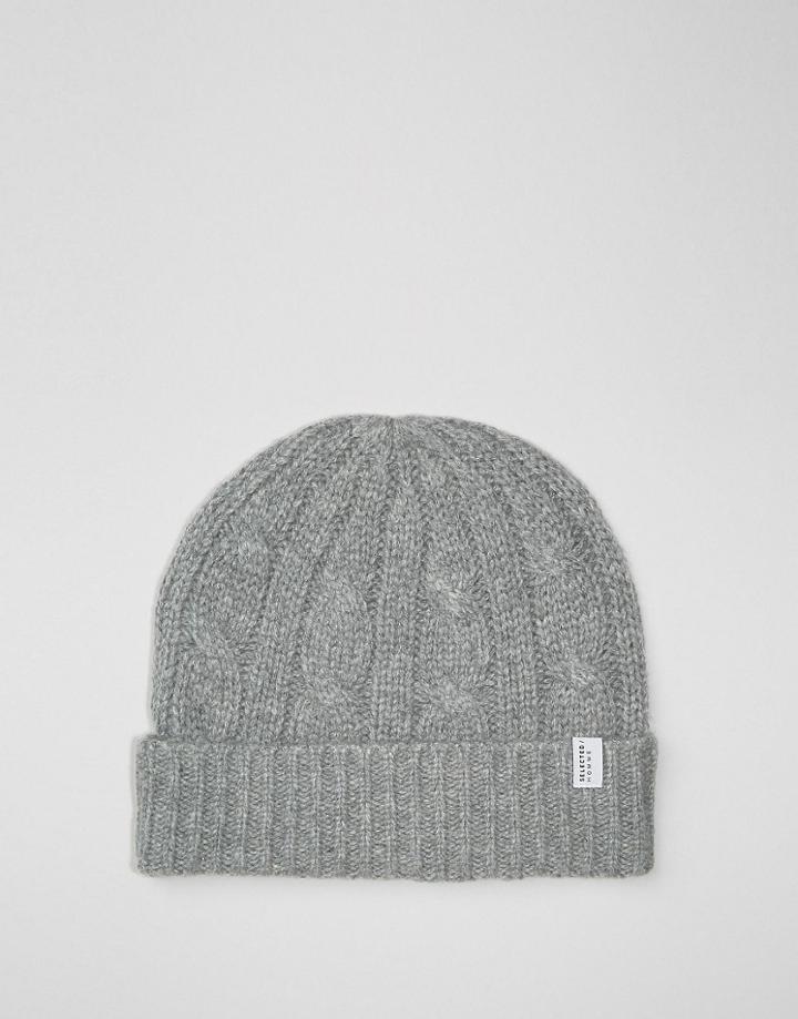 Selected Homme Beanie In Cable Knit - Gray