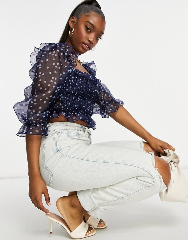 Parisian Shirred Detail Puff Sleeve Organza Top In Navy Floral