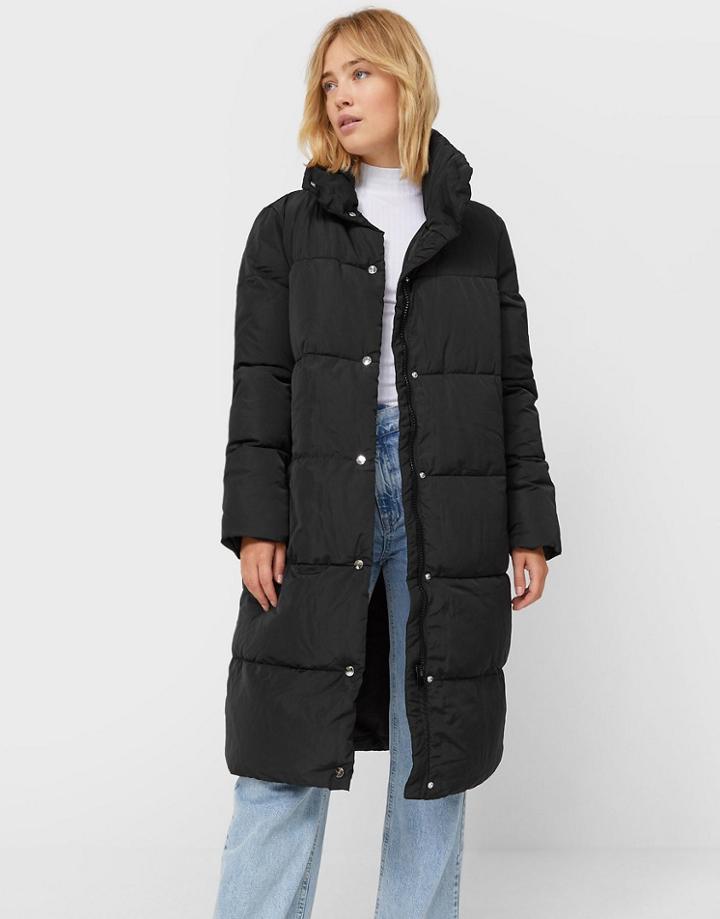 Stradivarius Longline Padded Puffer Coat In Black