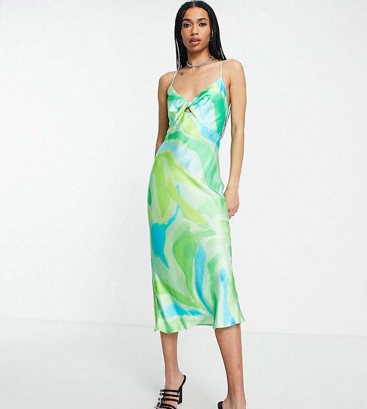 Bershka Twist Front Detail Satin Midi Dress In Multi Graphic Print