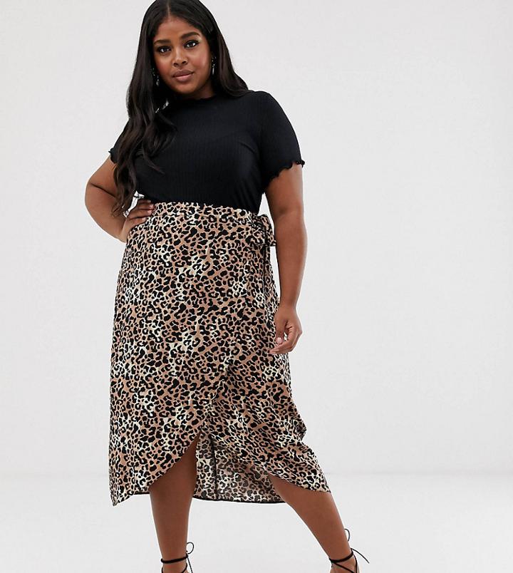New Look Curve Midi Skirt In Leopard Animal Print - Brown