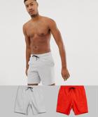 Asos Design Tall Swim Shorts In Mid Length In Red & Light Gray 2 Pack Multipack Saving