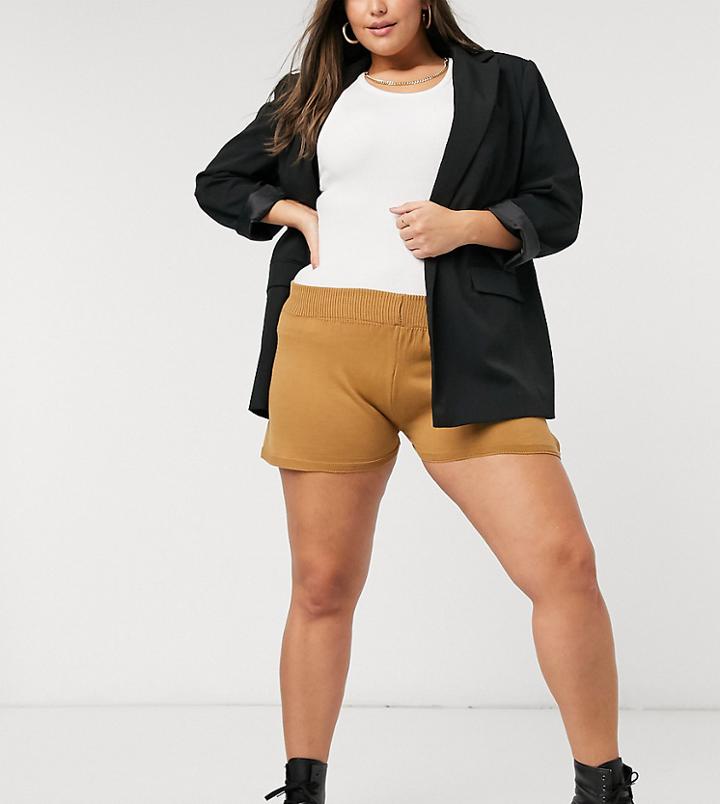 Fashionkilla Plus Knitted Runner Short In Camel-brown