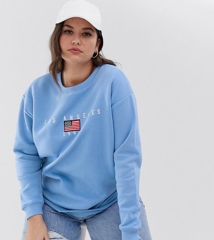 Daisy Street Plus Sweatshirt With Vintage Los Angeles Embroidery-blue