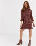 Nobody's Child High Neck Mini Dress With Ruffle Hem And Cuff In Ditsy Rose Print