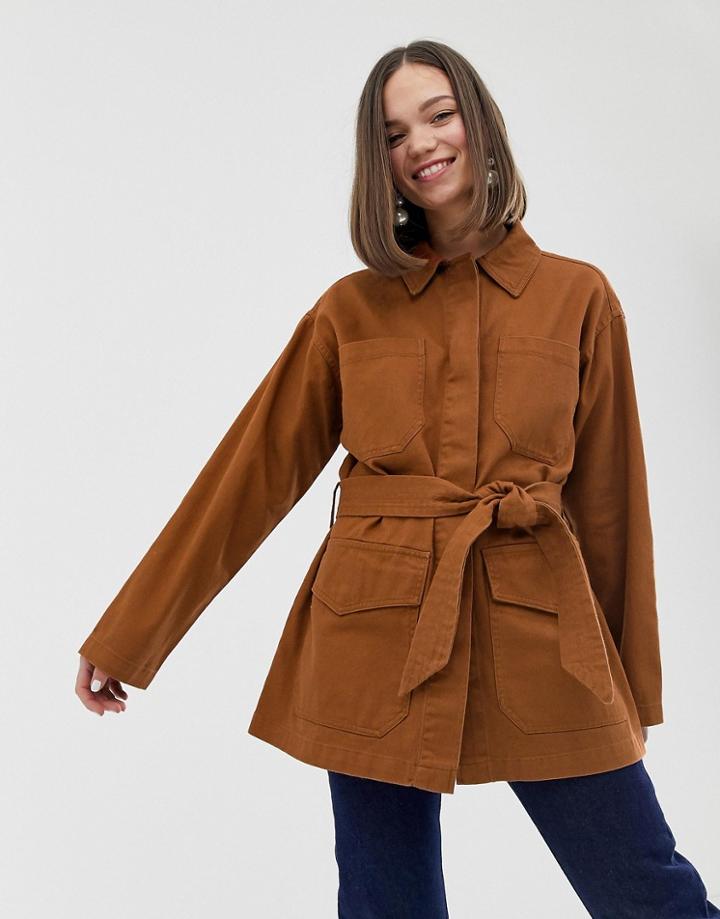 Monki Denim Belted Jacket With Oversized Pockets In Rust - Red