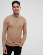 Asos Design Half Zip Cotton Sweater In Tan - Tan
