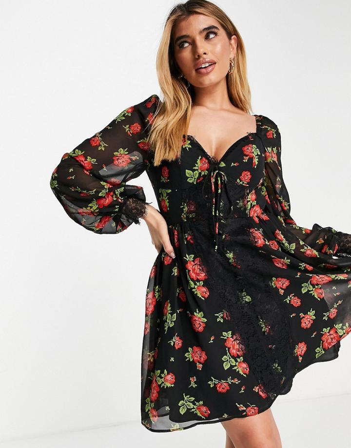 Asos Design Eyelash Lace Insert Skater Mini Dress In Rose Floral-multi