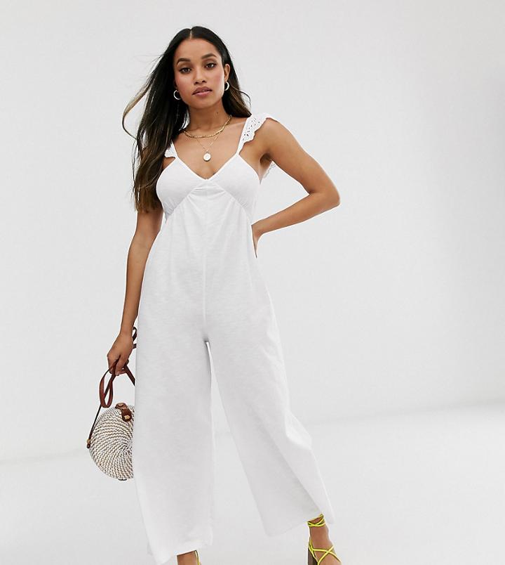 Asos Design Petite Broderie Frill Linen Look Jumpsuit-white