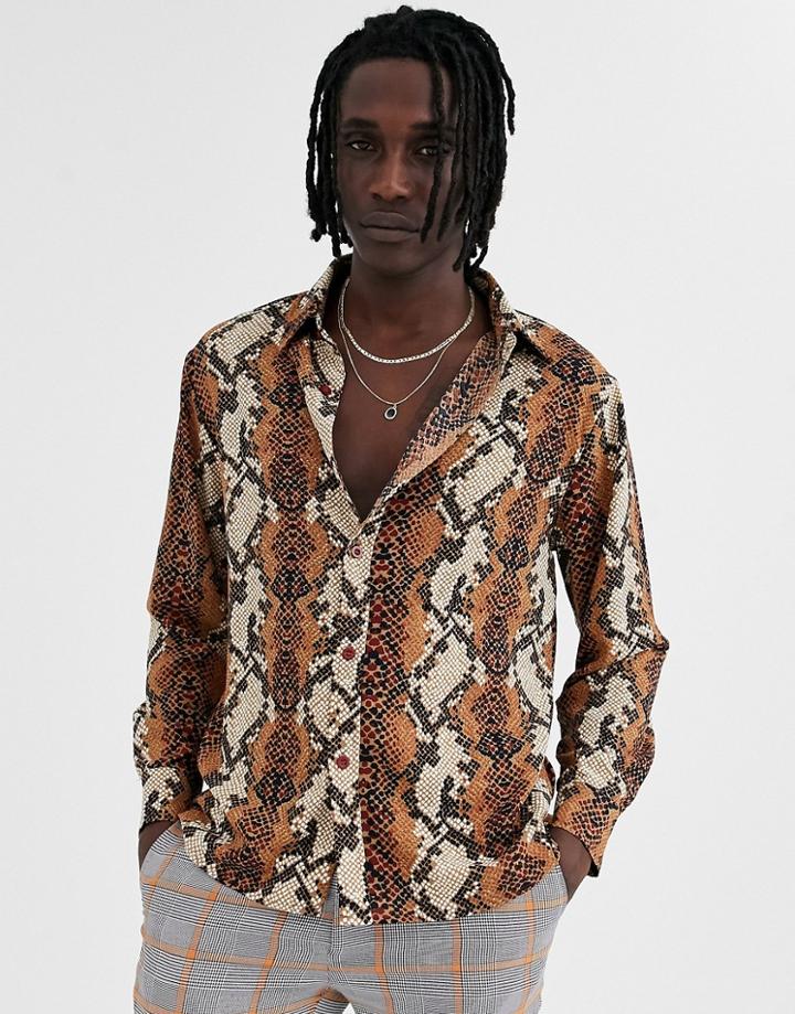 Sacred Hawk Long Sleeve Shirt In Rust Snakeskin Print - Orange
