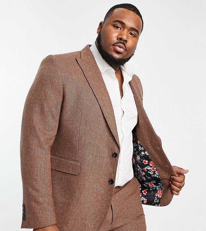 Gianni Feraud Plus Slim Fit Herringbone Wool Blend Wide Lapel Suit Jacket-brown