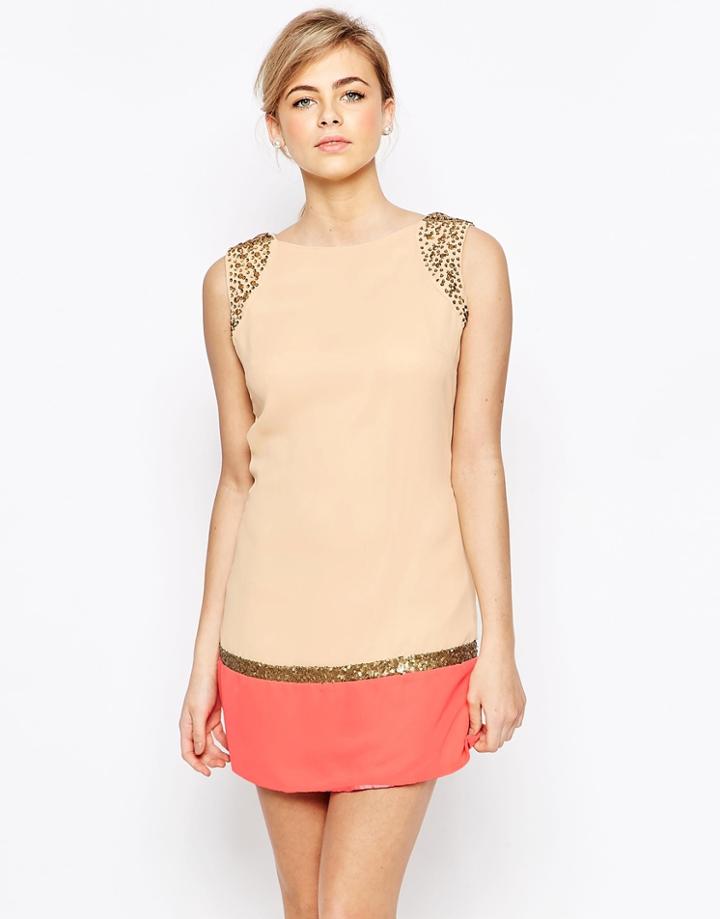 Little Mistress Shift Dress With Contrast Hem And Sequin Details - Nude