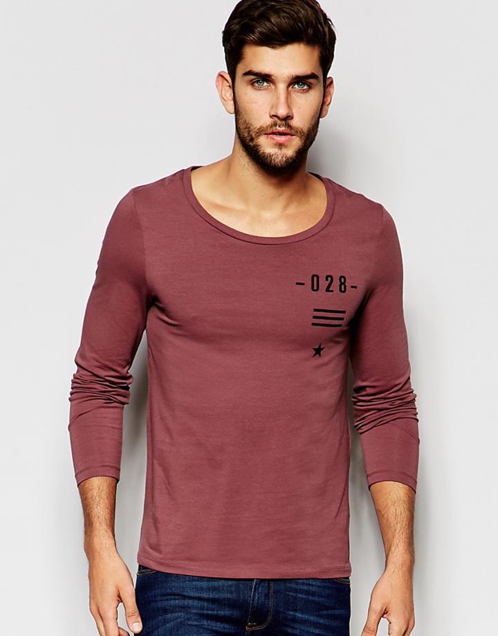 Asos Muscle Long Sleeve T-shirt With Flag Print And Scoop Neck - Red