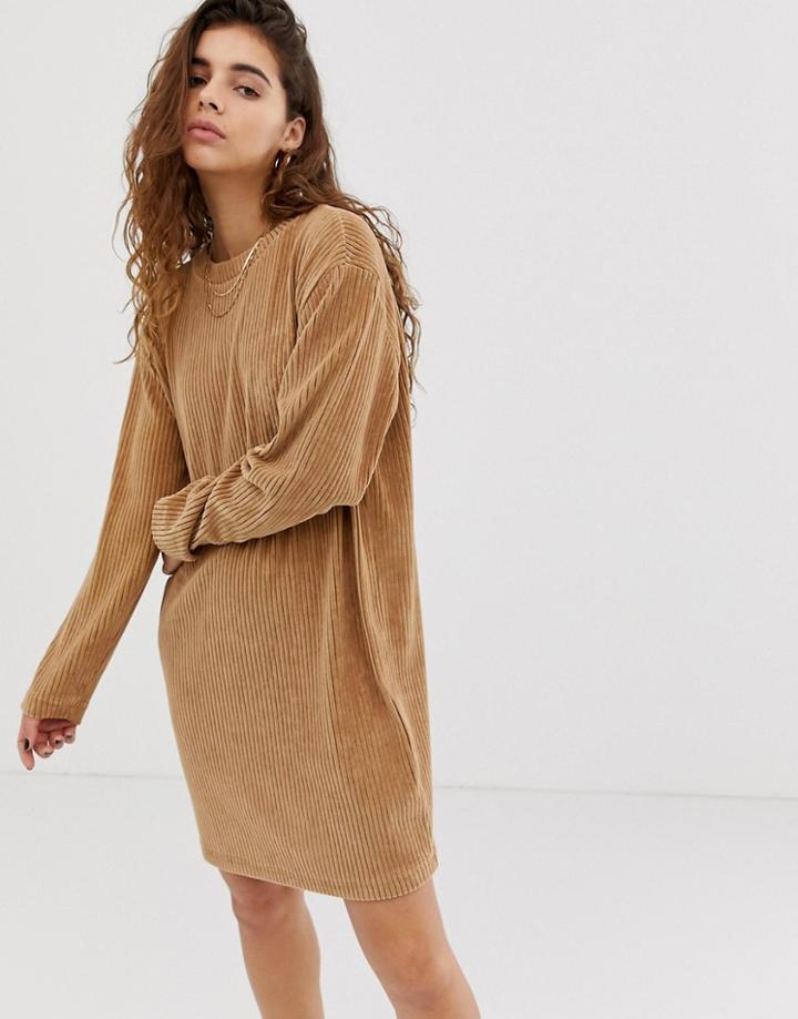 Weekday Ribbed Long Sleeves Mini Dress In Beige - Beige