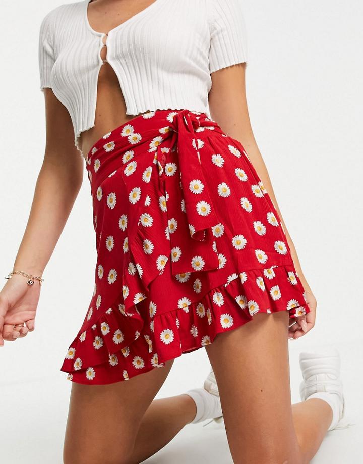 Stradivarius Daisy Print Wrap Mini Skirt In Red