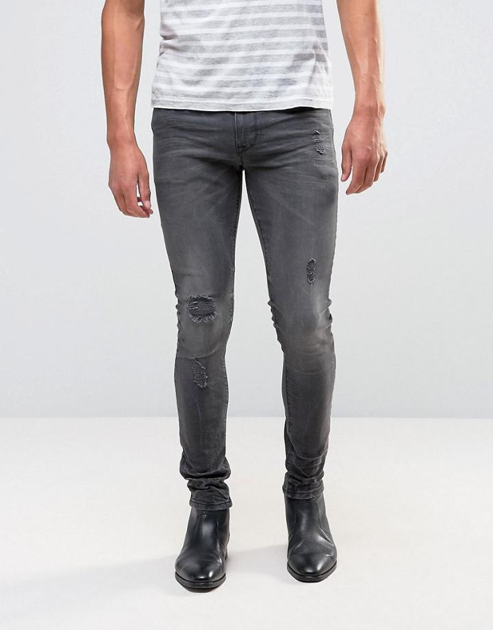 Asos Super Skinny Jeans With Distressing In Washed Black - Black
