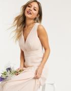 Tfnc Bridesmaids Long Sleeve Sateen Maxi Dress In Light Blush-white