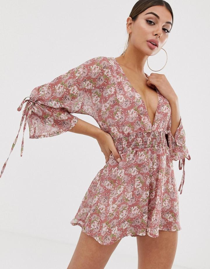 Club L Tie Sleeve Printed Romper-pink