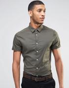 Asos Skinny Shirt In Khaki With Short Sleeves - Khaki
