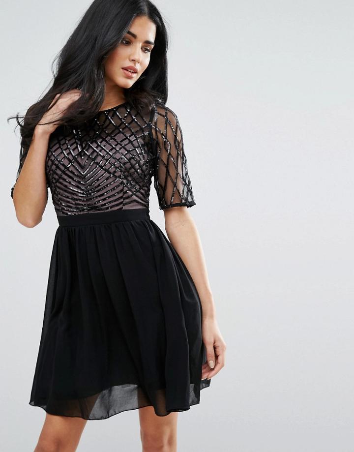 Little Mistress Embellished Top Skater Dress - Black