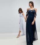 Maya Tall Cold Shoulder Sequin Detail Tulle Maxi Dress With Ruffle Detail - Navy