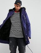 Asos Heavyweight Parka With Faux Fur Lining In Blue - Blue