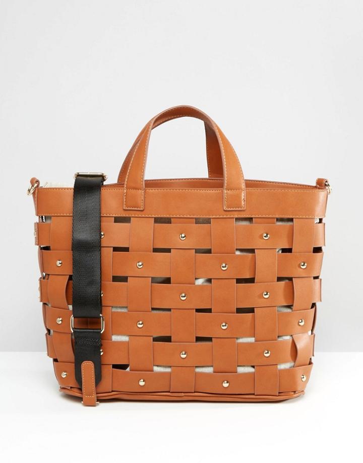Mango Weaved Stud Tote Bag - Tan