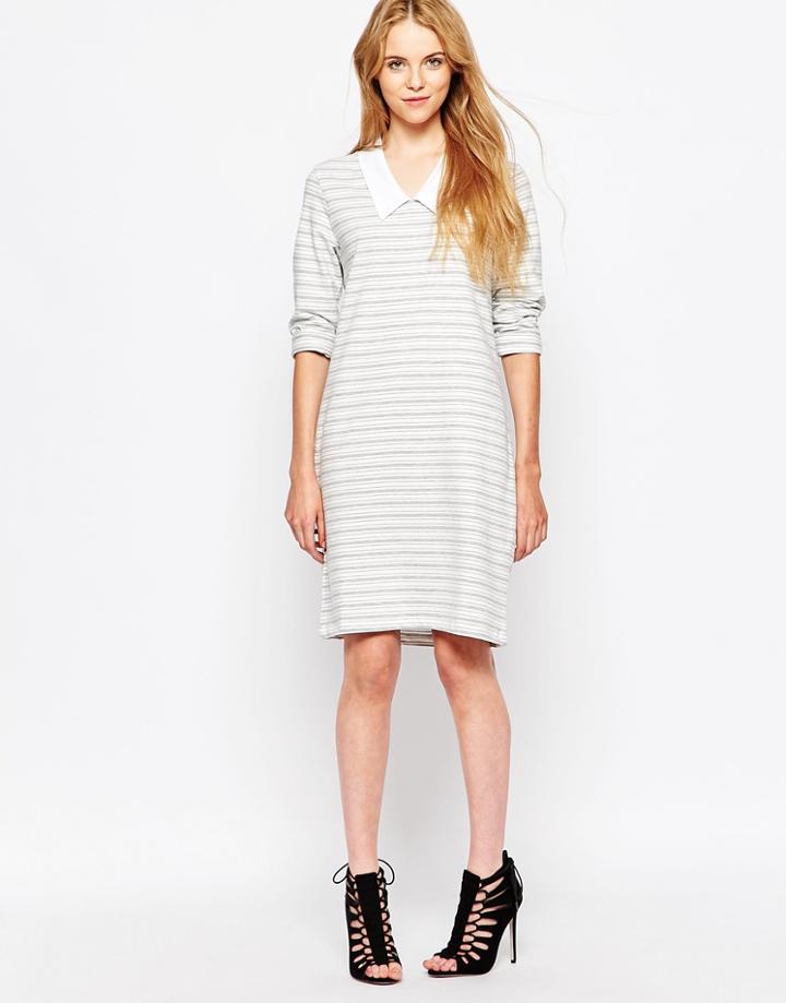 Vila 3/4 Sleeve Collared Dress - Gray Stripe