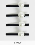 Asos Design Pack Of 4 Hair Clips With Single Pearl - Black