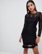 Love Triangle Open Back Lace Bodycon Dress With Tassel Skirt Detail In Black