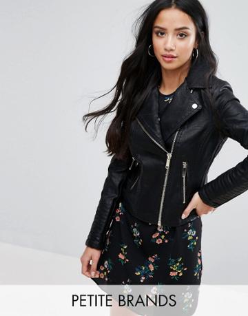 Miss Selfridge Petite Leather Look Biker Jacket - Black