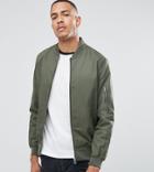 Asos Design Tall Cotton Bomber Jacket With Sleeve Zip In Khaki - Green