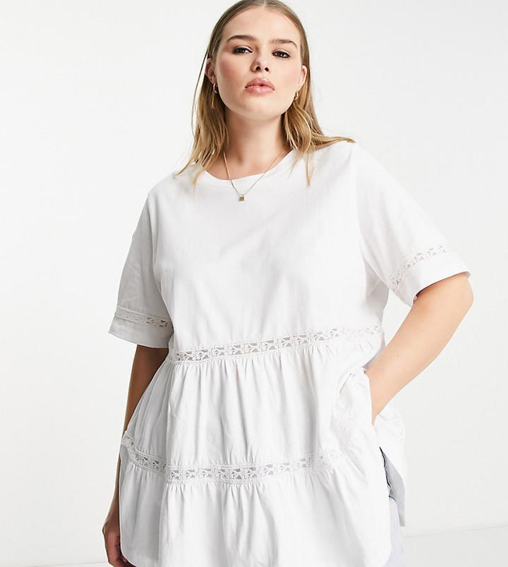 Asos Design Curve Smock Top With Lace Detail In White