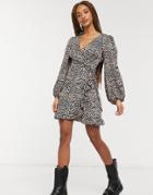 Asos Design Mini Wrap Dress With Balloon Sleeves In Animal Print-multi