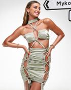 Asos Design Tie Neck Ruched Strappy Mini Dress In Sage Green