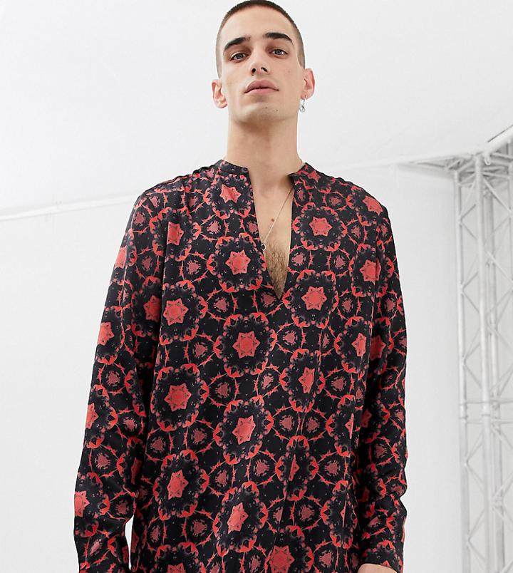 Heart & Dagger V Neck Shirt In Print With Long Sleeves - Black