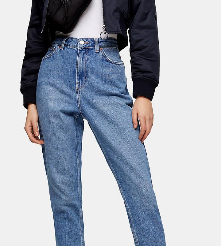 Topshop Tall Ripped Hem Mom Jeans In Mid Wash-blues